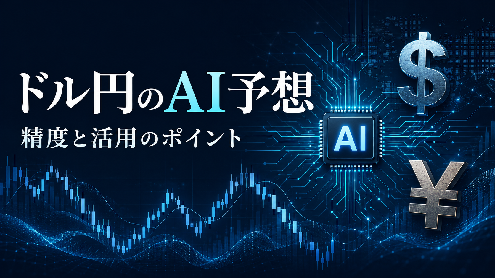 ドル円のAI予想：ドル・円の記号、AIチップと為替チャートのイメージ